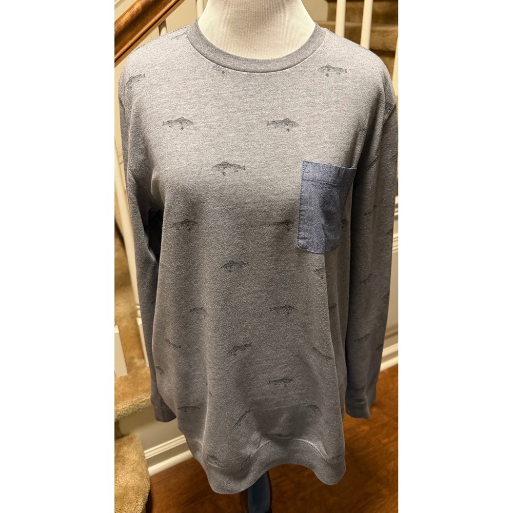 On The Byas Mens Gray Fish Print Long Sleeve Crewneck Sweatshirt Medium